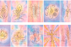 Mercy SeriesA pack of ten different cards depicting the ten values of the Sisters of Mercy. Scroll over each card to see value. Soft watercolor background with black ink drawing. Linen cover paper with white envelopes. Inspirational verses by the artist are written inside. Each card is 5 x 7.